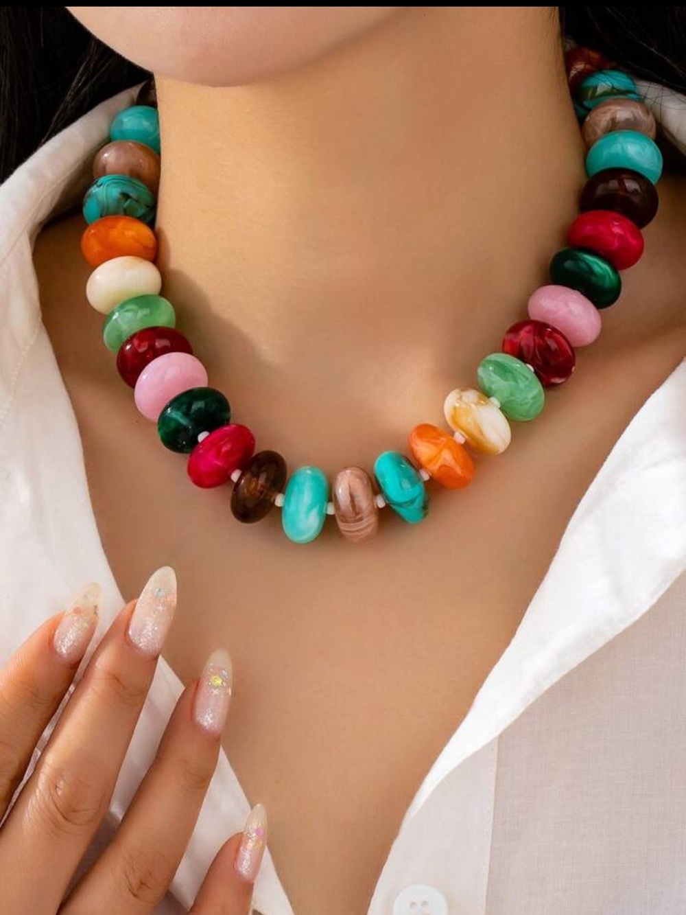 New! Multicolored Coastal Beaded Resin Marbled Disk Dopamine Statement Necklace